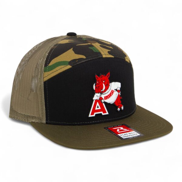 Arkansas Razorbacks Leaning A 3D Snapback Seven-Panel Flat Bill Trucker Hat- Black/ Camo/ Loden