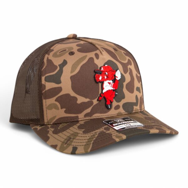 Arkansas Razorbacks Pitching Ribby 3D Snapback Trucker Hat- Bark Duck Camo/ Brown