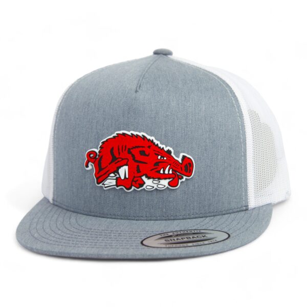 Arkansas Razorbacks Slobbering Hog 3D YP Snapback Flat Bill Trucker Hat- Heather Grey/ White