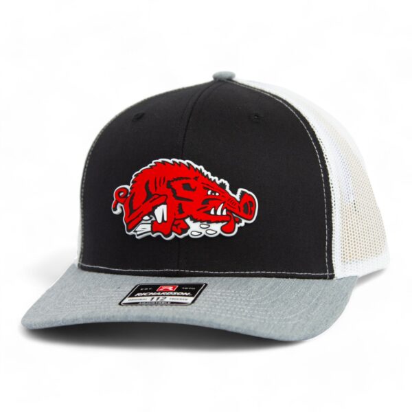 Arkansas Razorbacks Slobbering Hog 3D Snapback Trucker Hat- Black/ White/ Heather Grey