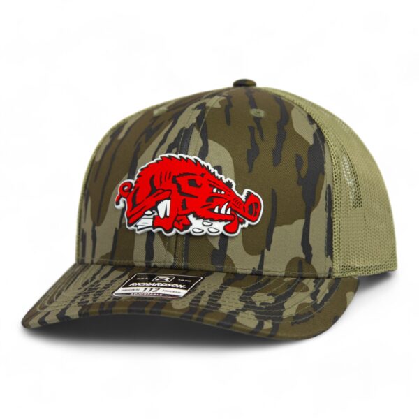 Arkansas Razorbacks Slobbering Hog 3D Snapback Trucker Hat- Mossy Oak Bottomland/ Loden