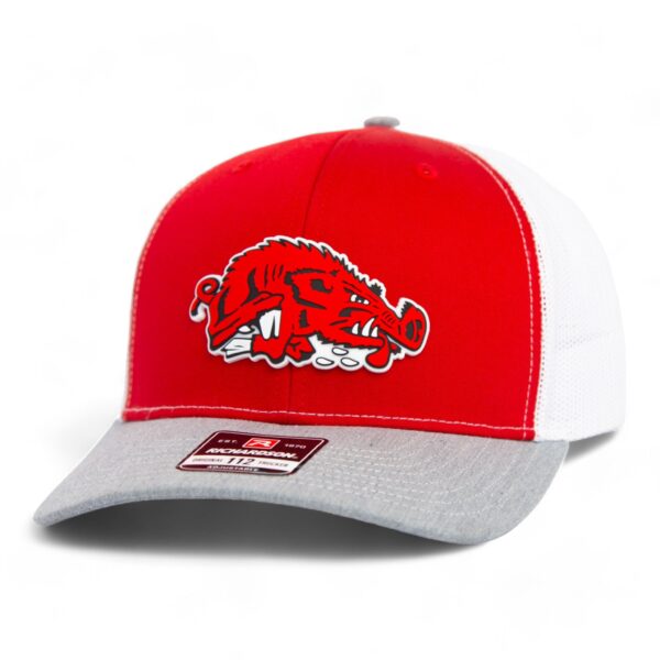 Arkansas Razorbacks Slobbering Hog 3D Snapback Trucker Hat- Red/ White/ Heather Grey