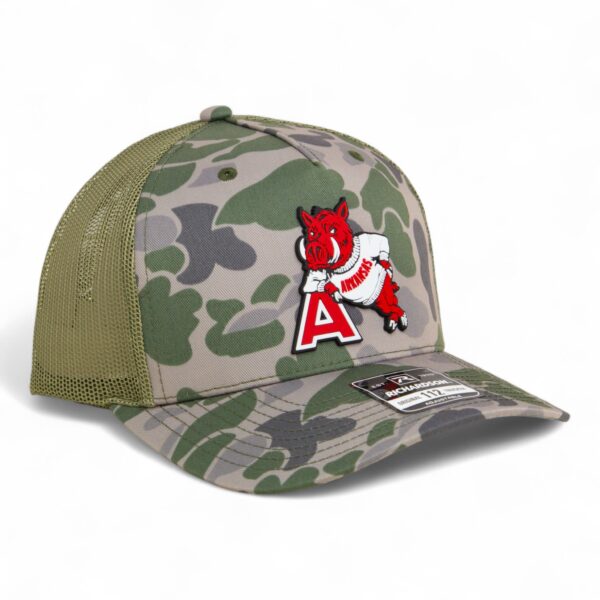 Arkansas Razorbacks Leaning A 3D Snapback Trucker Hat- Marsh Duck Camo/ Loden