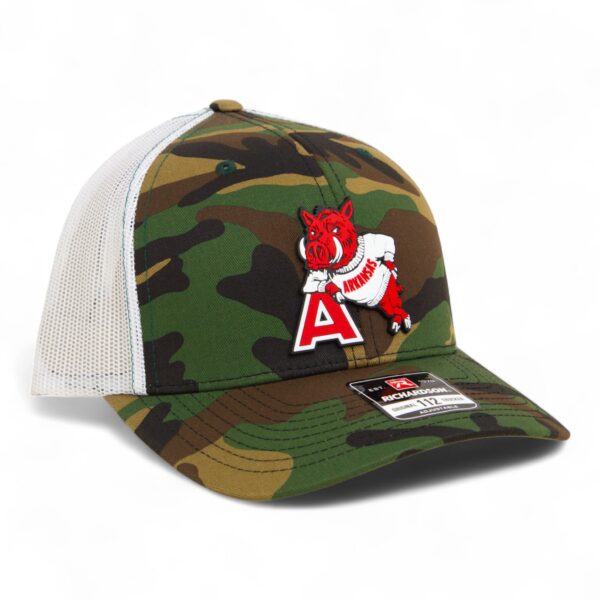 Arkansas Razorbacks Leaning A 3D Snapback Trucker Hat- Army Camo/ White
