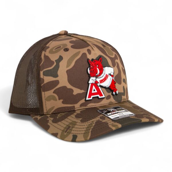 Arkansas Razorbacks Leaning A 3D Snapback Trucker Hat- Bark Duck Camo/ Brown