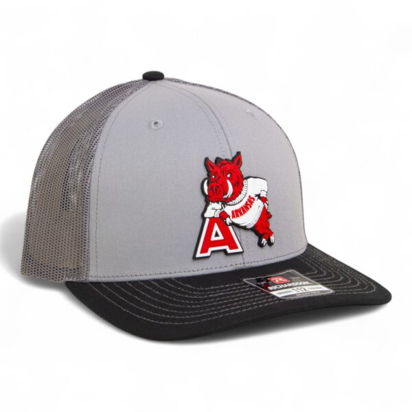 Arkansas Razorbacks Leaning A 3D Snapback Trucker Hat- Grey/ Charcoal/ Black