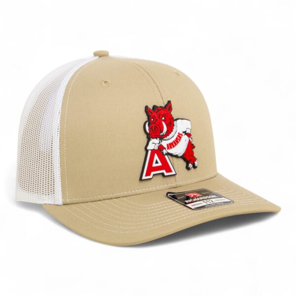 Arkansas Razorbacks Leaning A 3D Snapback Trucker Hat- Tan/ White