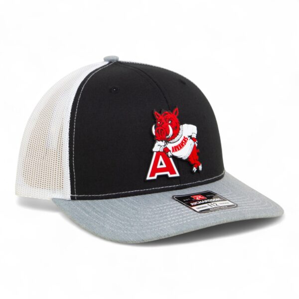 Arkansas Razorbacks Leaning A 3D Snapback Trucker Hat- Black/ White/ Heather Grey