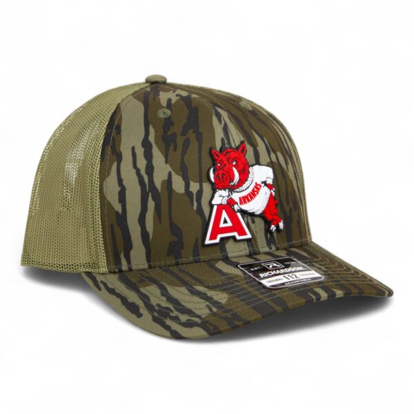 Arkansas Razorbacks Leaning A 3D Snapback Trucker Hat- Mossy Oak Bottomland/ Loden