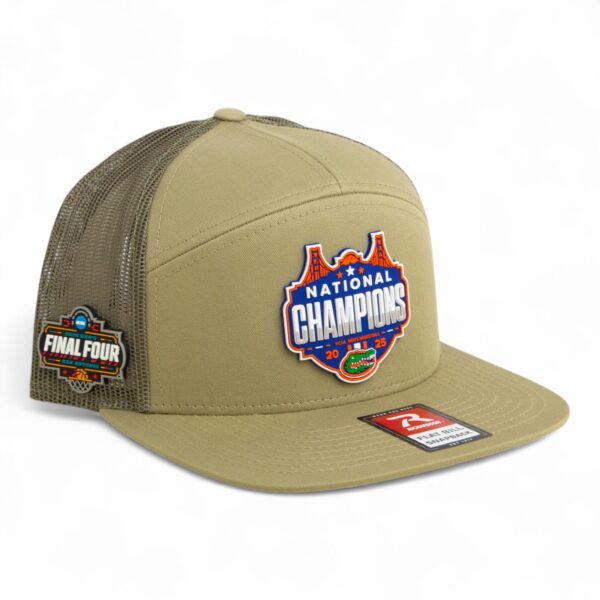 Florida Gators 2025 Final Four National Champions 3D Snapback Seven-Panel Flat Bill Trucker Hat- Pale Khaki/ Loden Green