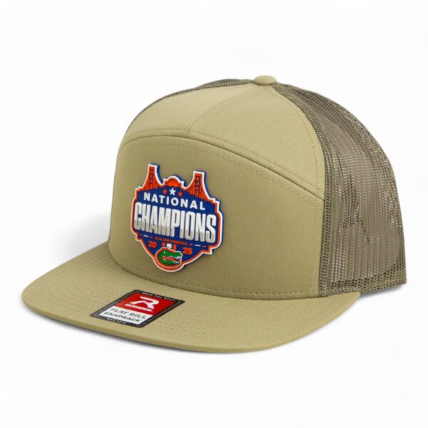 Florida Gators 2025 Basketball National Champions 3D Snapback Seven-Panel Flat Bill Trucker Hat- Pale Khaki/ Loden Green