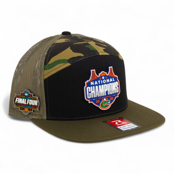 Florida Gators 2025 Final Four National Champions 3D Snapback Seven-Panel Flat Bill Trucker Hat- Black/ Camo/ Loden