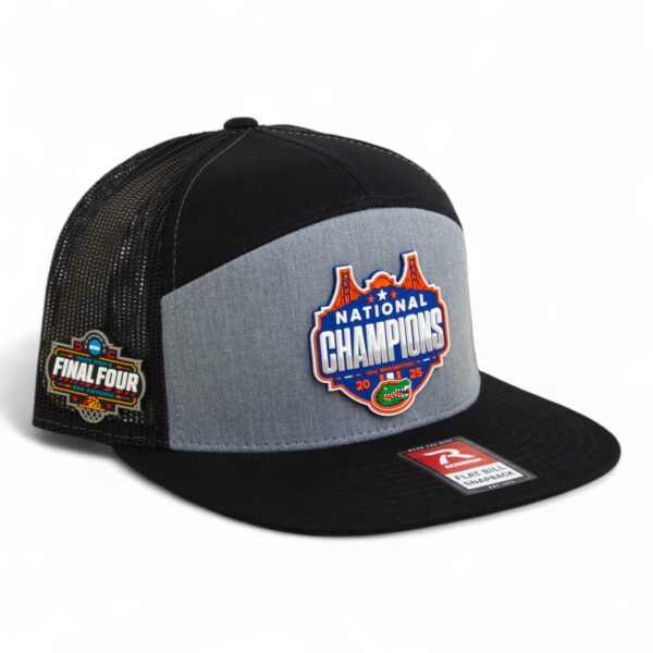 Florida Gators 2025 Final Four National Champions 3D Snapback Seven-Panel Flat Bill Trucker Hat- Heather Grey/ Black