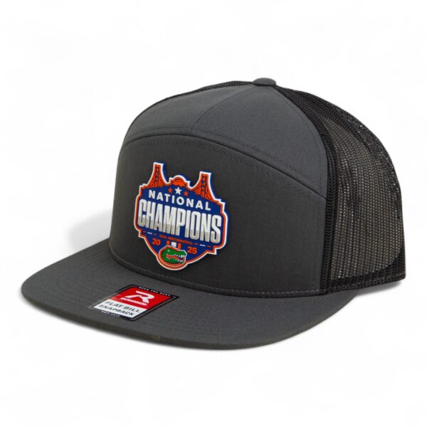 Florida Gators 2025 Basketball National Champions 3D Snapback Seven-Panel Flat Bill Trucker Hat- Charcoal/ Black