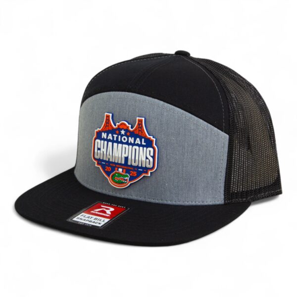 Florida Gators 2025 Basketball National Champions 3D Snapback Seven-Panel Flat Bill Trucker Hat- Heather Grey/ Black