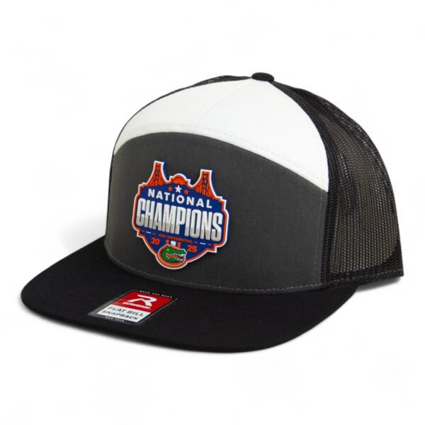 Florida Gators 2025 Basketball National Champions 3D Snapback Seven-Panel Flat Bill Trucker Hat- Charcoal/ White/ Black