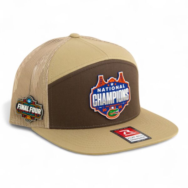 Florida Gators 2025 Final Four National Champions 3D Snapback Seven-Panel Flat Bill Trucker Hat- Brown/ Tan