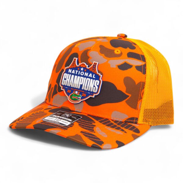 Florida Gators 2025 Basketball National Champions Snapback Trucker Hat- Blaze Duck Camo/ Blaze