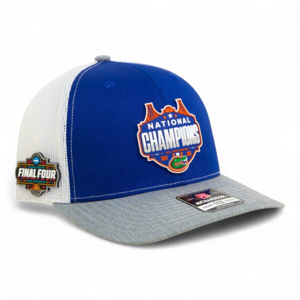 Florida Gators 2025 Final Four National Champions Snapback Trucker Hat- Royal/ White/ Heather Grey
