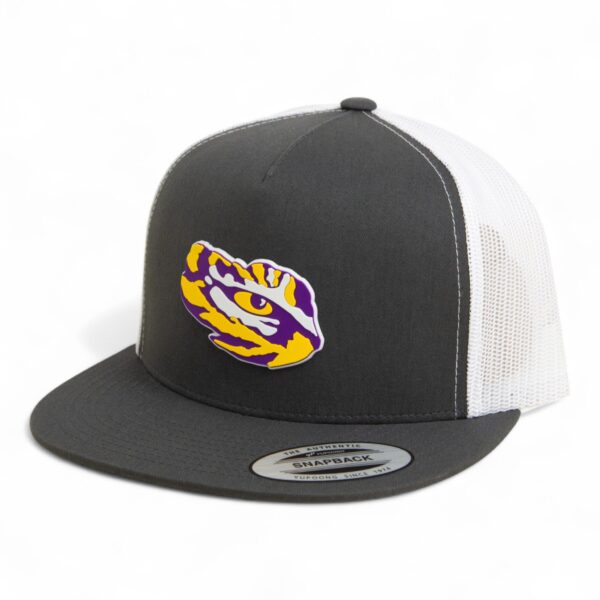 LSU Tiger Eye 3D YP Snapback Flat Bill Trucker Hat- Charcoal/ White