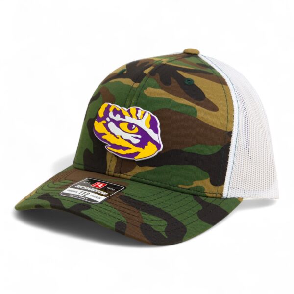 LSU Tiger Eye 3D Snapback Trucker Hat- Army Camo/ White