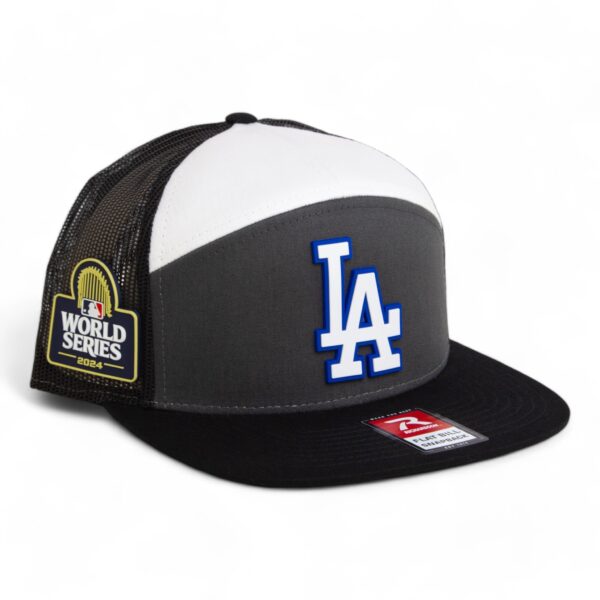 LA Dodgers 2024 World Series 3D Snapback Seven-Panel Flat Bill Trucker Hat White- Charcoal/ White/ Black