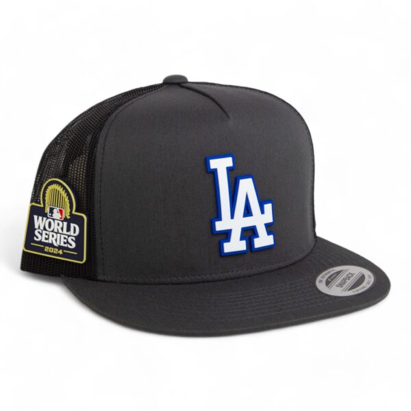 LA Dodgers 2024 World Series 3D YP Snapback Flat Bill Trucker Hat White- Charcoal/ Black