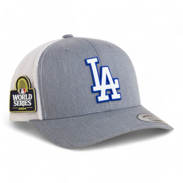 LA Dodgers 2024 World Series 3D YP Snapback Trucker Hat White- Heather Grey/ White