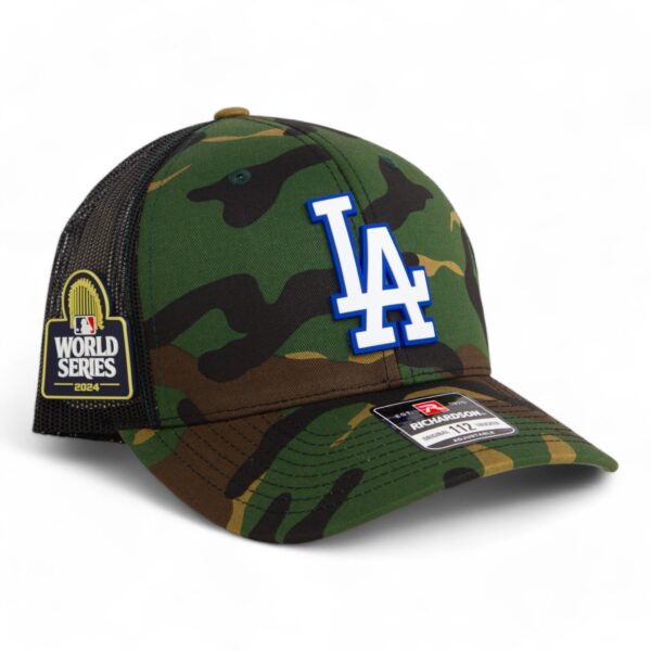 LA Dodgers 2024 World Series Snapback Trucker Hat White- Army Camo/ Black
