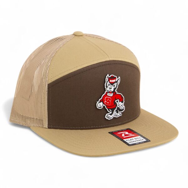 NC State Wolfpack Strutting Wolf 3D Snapback Seven-Panel Flat Bill Trucker Hat- Brown/ Tan