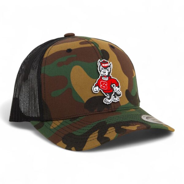 NC State Wolfpack Strutting Wolf 3D YP Snapback Trucker Hat- Army Camo/ Black