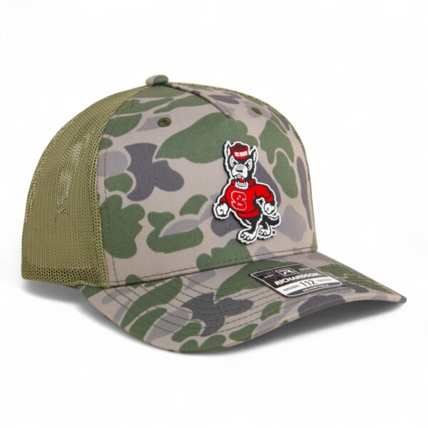 NC State Wolfpack Strutting Wolf 3D Snapback Trucker Hat- Marsh Duck Camo/ Loden