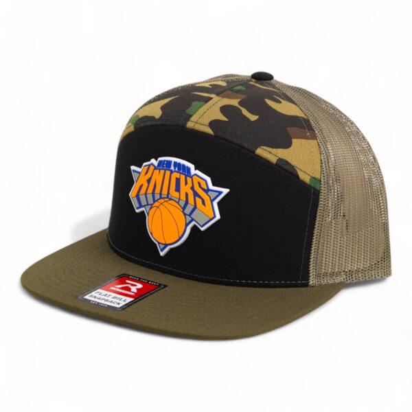 New York Knicks 3D Snapback Seven-Panel Flat Bill Trucker Hat- Black/ Camo/ Loden