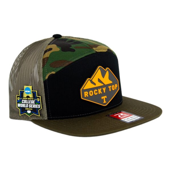 Tennessee Volunteers 2024 Men's College World Series 3D Snapback Seven-Panel Flat Bill Trucker Hat- Black/ Camo/ Loden