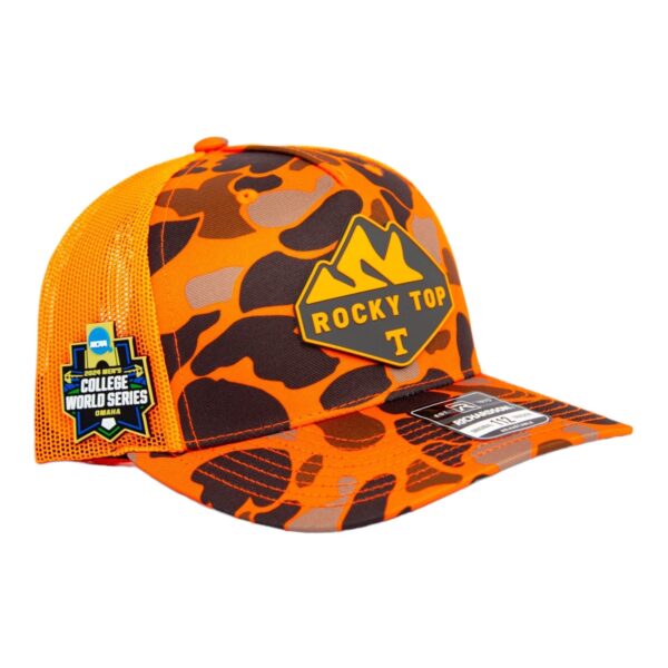 Tennessee Volunteers 2024 Men's College World Series 3D Snapback Trucker Hat- Blaze Duck Camo/ Blaze
