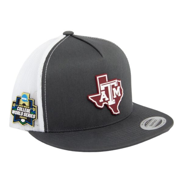 Texas A&M Aggies 2024 Men's College World Series 3D YP Snapback Flat Bill Trucker Hat- Charcoal/ White