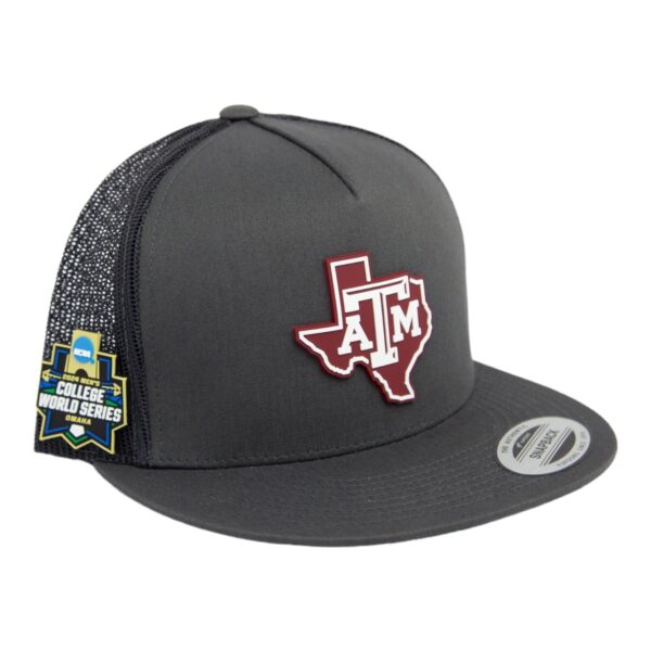 Texas A&M Aggies 2024 Men's College World Series 3D YP Snapback Flat Bill Trucker Hat- Charcoal/ Black
