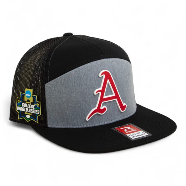 Arkansas Razorbacks Baseball Script A 2025 College World Series 3D Snapback Seven-Panel Flat Bill Trucker Hat- Heather Grey/ Black