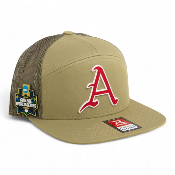 Arkansas Razorbacks Baseball Script A 2025 College World Series 3D Snapback Seven-Panel Flat Bill Trucker Hat- Pale Loden