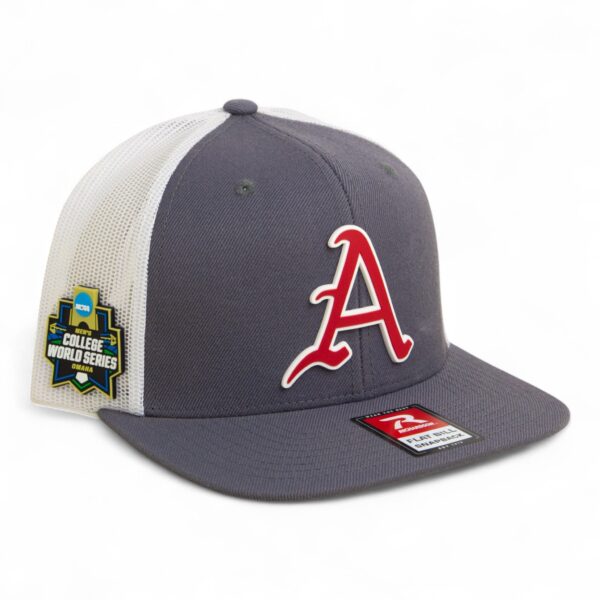 Arkansas Razorbacks Baseball Script A 2025 College World Series 3D Wool Blend Flat Bill Hat- Charcoal/ White
