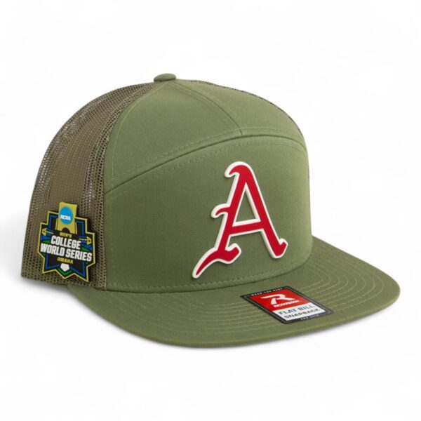 Arkansas Razorbacks Baseball Script A 2025 College World Series 3D Snapback Seven-Panel Flat Bill Trucker Hat- Loden Green