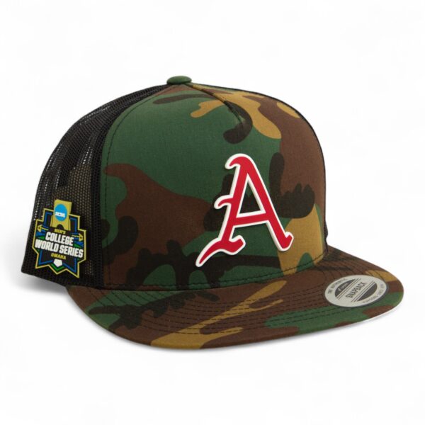 Arkansas Razorbacks Baseball Script A 2025 College World Series 3D YP Snapback Flat Bill Trucker Hat- Army Camo/ Black