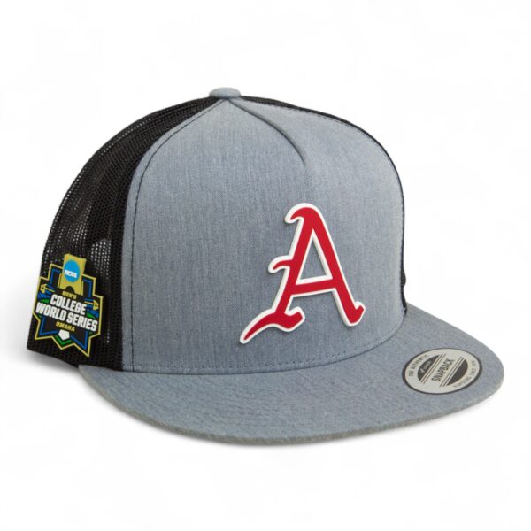 Arkansas Razorbacks Baseball Script A 2025 College World Series 3D YP Snapback Flat Bill Trucker Hat- Heather Grey/ Black