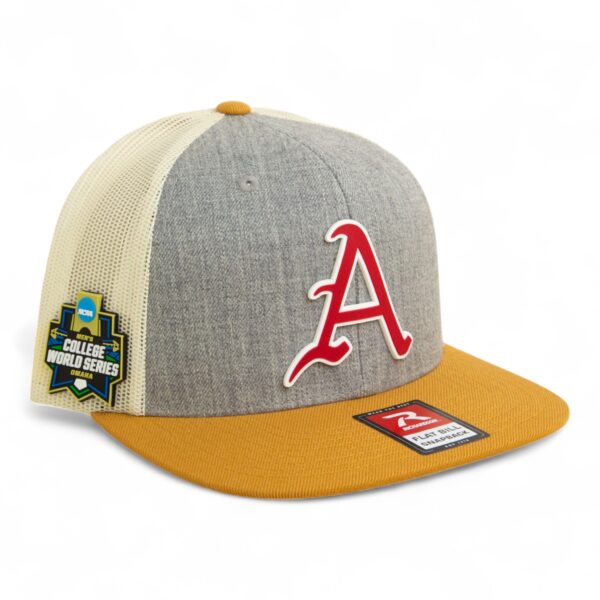 Arkansas Razorbacks Baseball Script A 2025 College World Series 3D Wool Blend Flat Bill Hat- Heather Grey/ Birch/ Biscuit
