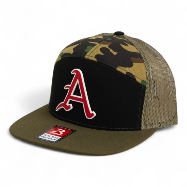 Arkansas Razorbacks Baseball Script A 3D Snapback Seven-Panel Flat Bill Trucker Hat- Black/ Camo/ Loden