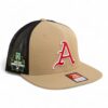 Arkansas Razorbacks Baseball Script A 2025 College World Series 3D Wool Blend Flat Bill Hat- Tan/ Black