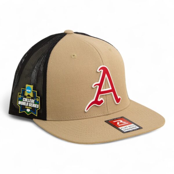 Arkansas Razorbacks Baseball Script A 2025 College World Series 3D Wool Blend Flat Bill Hat- Tan/ Black