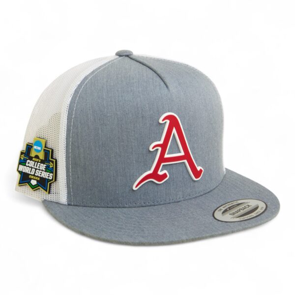 Arkansas Razorbacks Baseball Script A 2025 College World Series 3D YP Snapback Flat Bill Trucker Hat- Heather Grey/ White