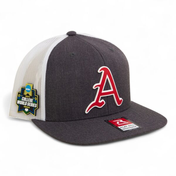 Arkansas Razorbacks Baseball Script A 2025 College World Series 3D Wool Blend Flat Bill Hat- Heather Charcoal/ White