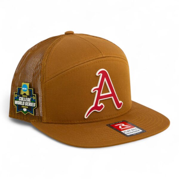 Arkansas Razorbacks Baseball Script A 2025 College World Series 3D Snapback Seven-Panel Flat Bill Trucker Hat- Caramel